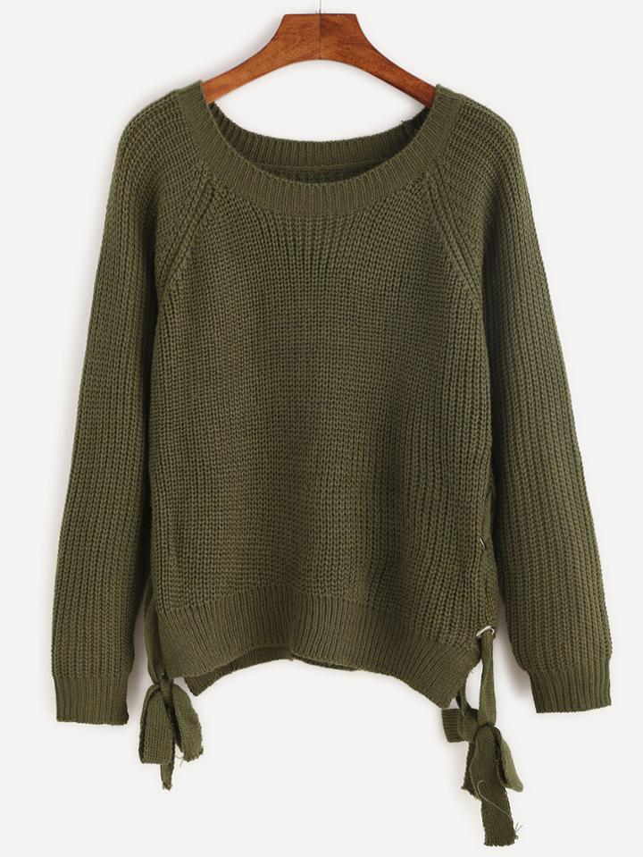 Romwe Army Green Lace Up Side Sweater
