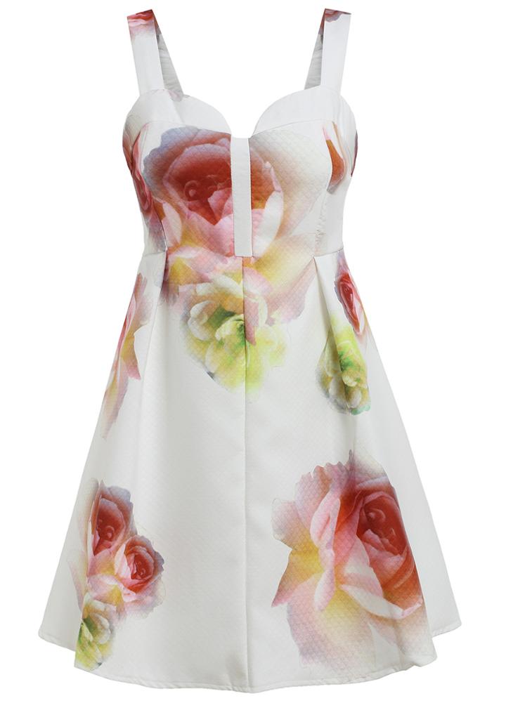 Romwe Straps Florals Flare White Dress