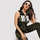 Romwe Camouflage And Letter Print Zip Up Jumpsuit