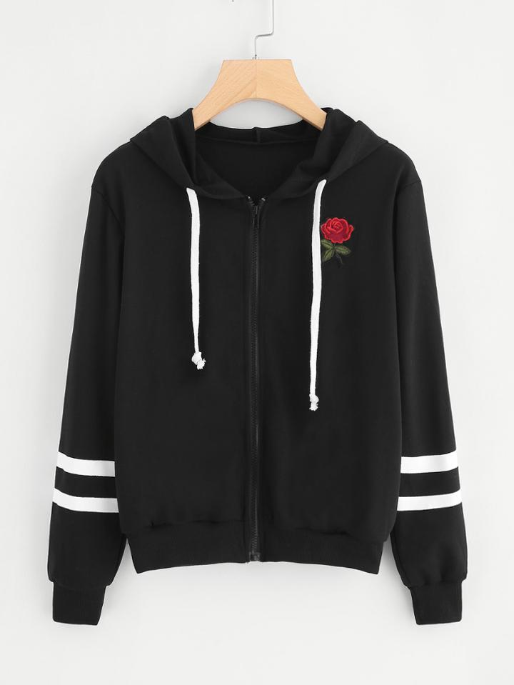 Romwe Rose Embroidered Patch Varsity Striped Jacket