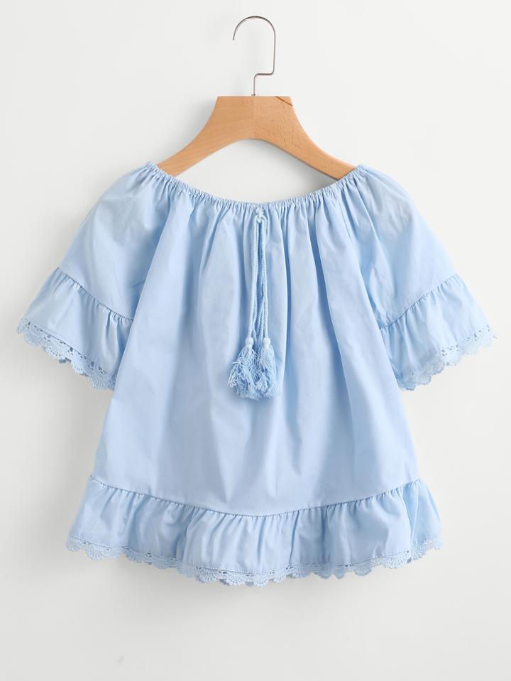 Romwe Crochet Trim Tassel Tie Neck Top