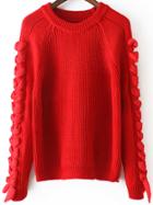 Romwe Long Sleeve Ribbon Bow Red Sweater