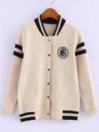 Romwe Contrast Collar Striped Trim Beige Coat