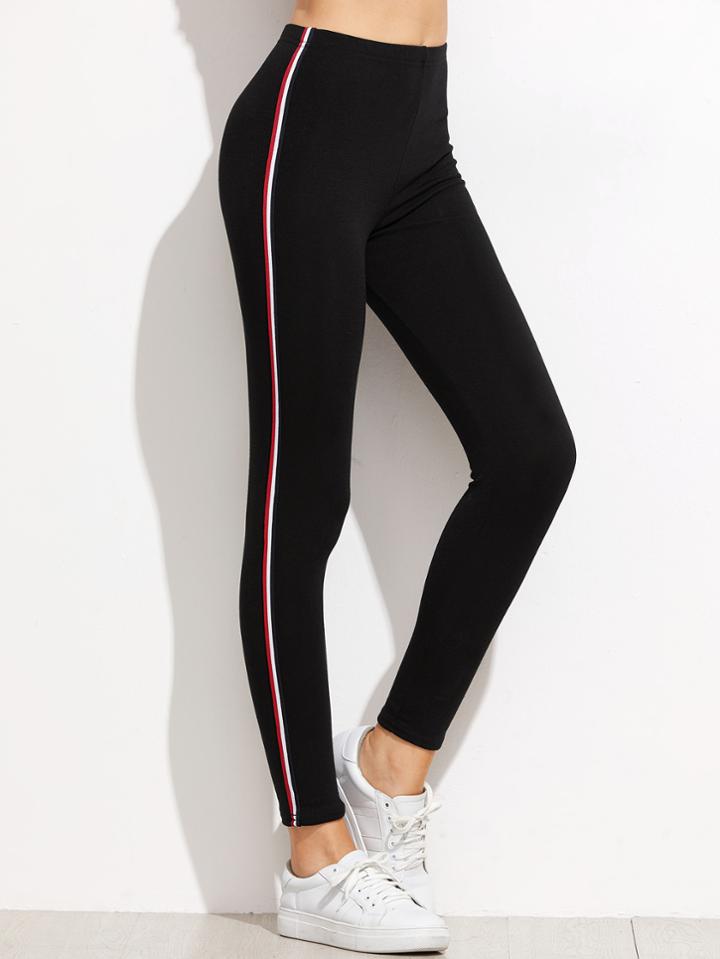 Romwe Black Striped Side Skinny Leggings