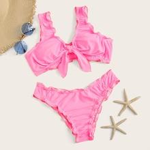 Romwe Lettuce Trim Knot Front Bikini Set