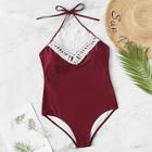 Romwe Plus Crochet Low Back One Piece Swim