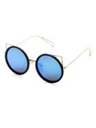 Romwe Black And Gold Frame Blue Lens Round Design Sunglasses