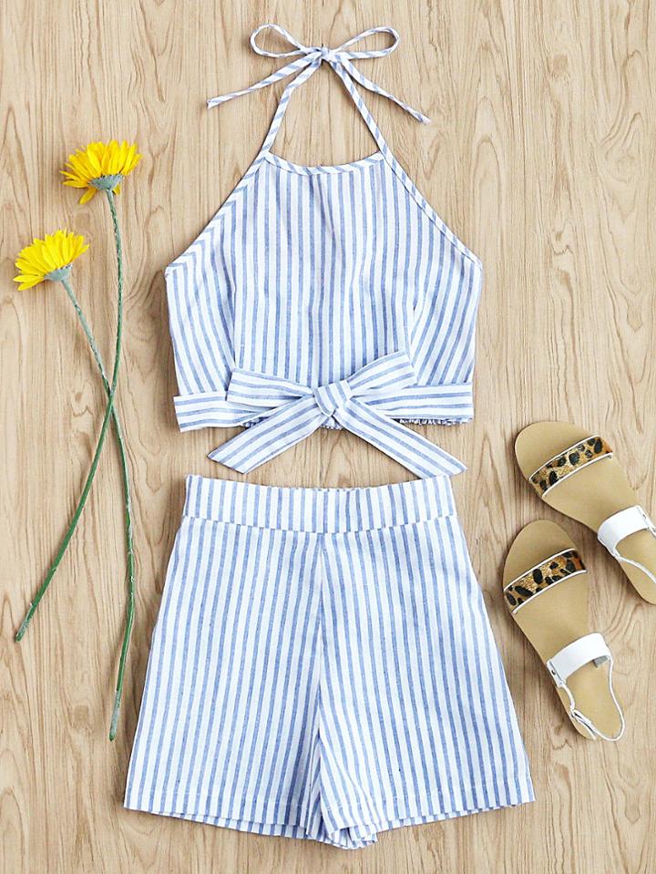 Romwe Striped Bow Tie Shirred Back Top With Shorts