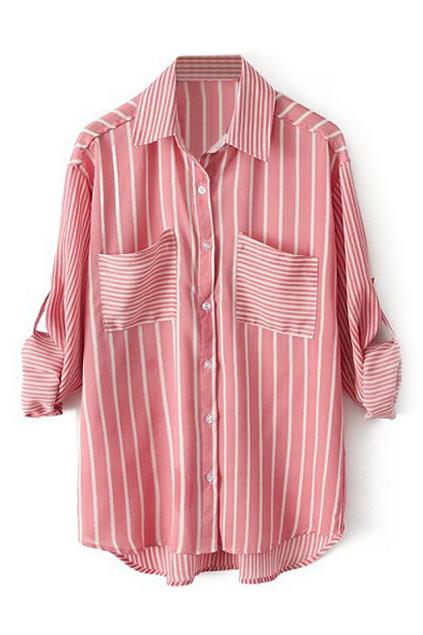 Romwe Romwe Striped Rolled-cuffs Buttoned Red Shirt