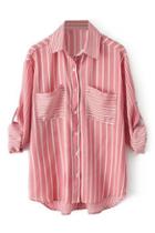 Romwe Romwe Striped Rolled-cuffs Buttoned Red Shirt