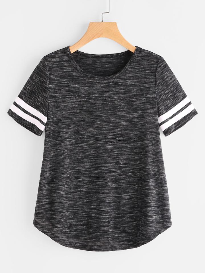 Romwe Space Dye Striped Sleeve Curved Hem Tee