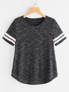 Romwe Space Dye Striped Sleeve Curved Hem Tee