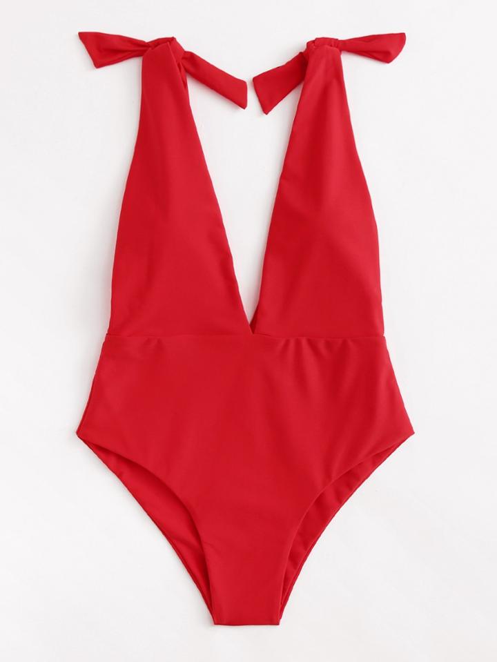 Romwe Deep V Neck Knot Swimsuit