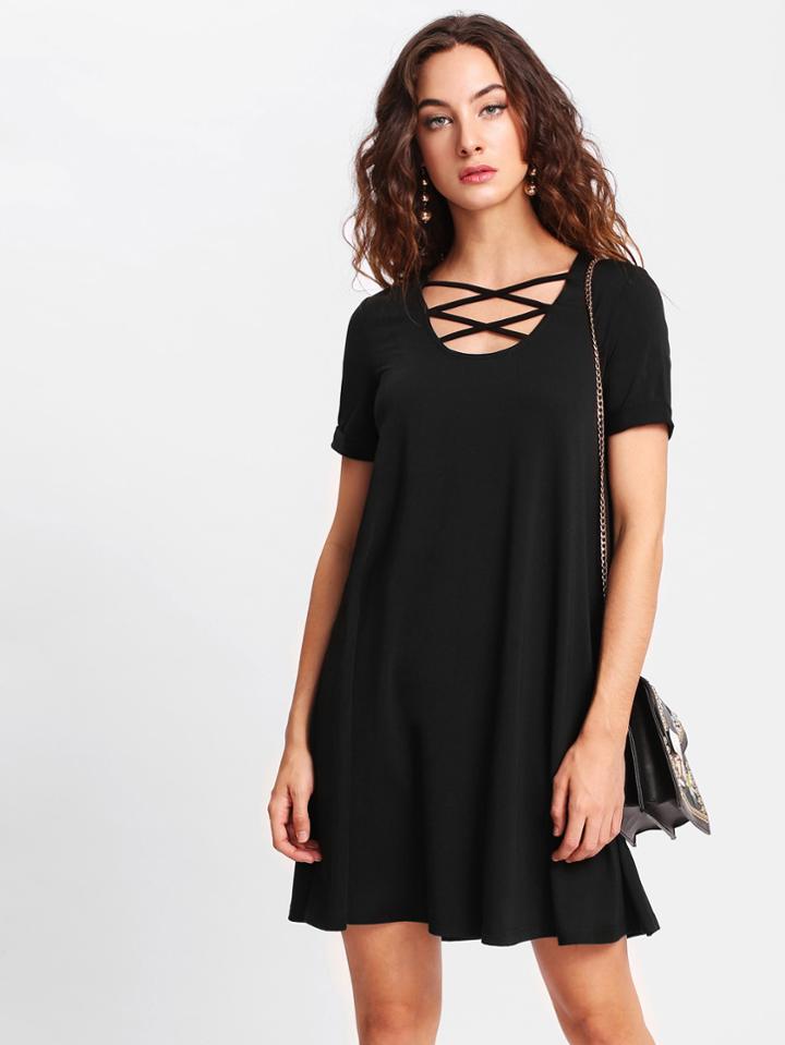 Romwe Crisscross Front Swing Tee Dress