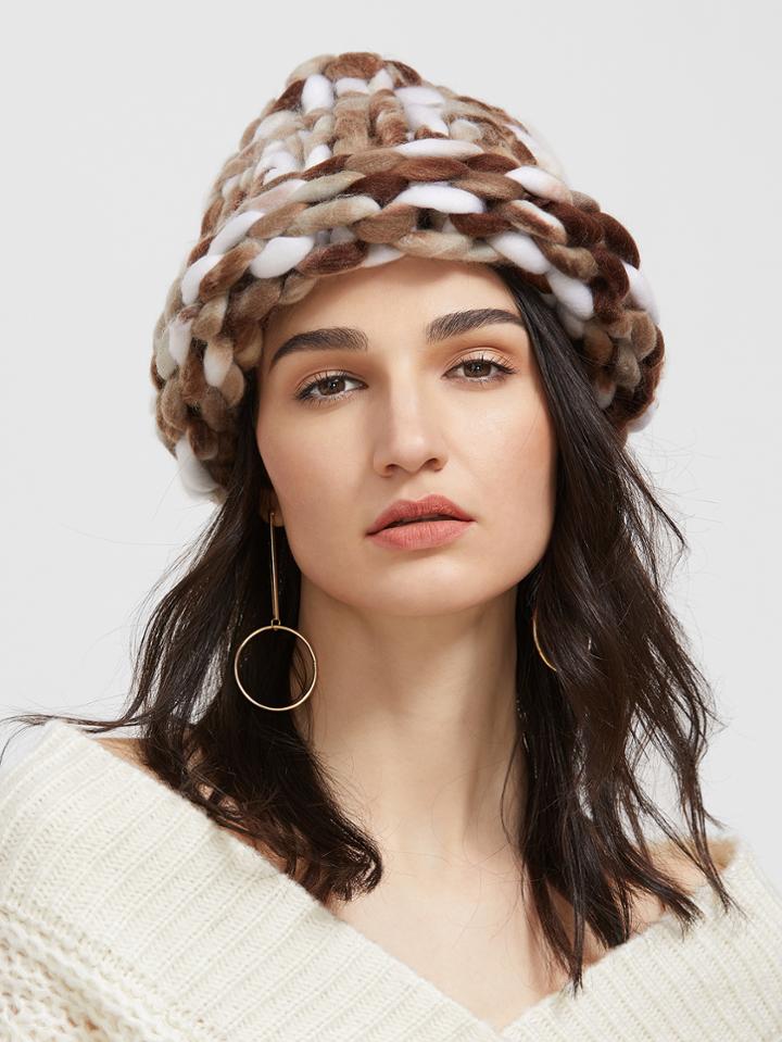 Romwe Coffee Handmade Knitted Coarse Line Hat