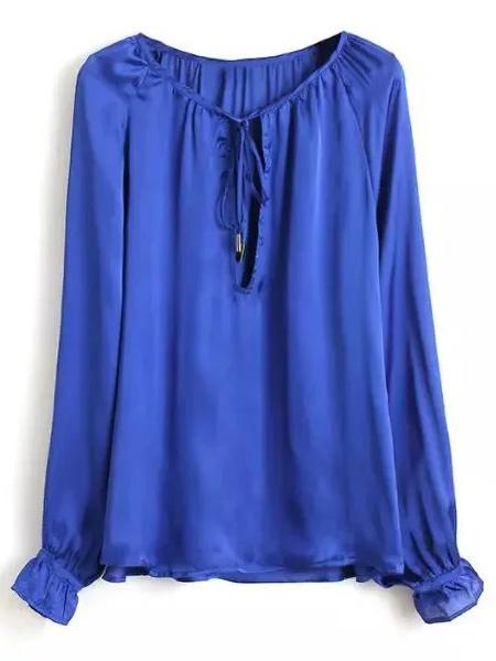 Romwe Royal Blue Tie Neck Keyhole Front Long Sleeve Blouse