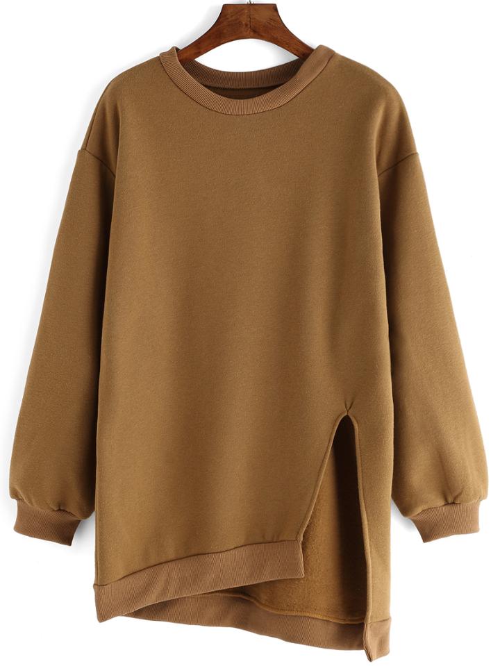 Romwe Crew Neck Split Asymmetrical Khaki Sweatshirt