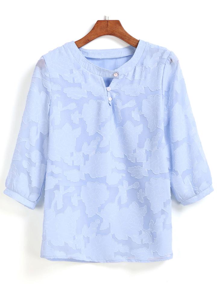 Romwe V Cut Lace Jacquard Blue Top