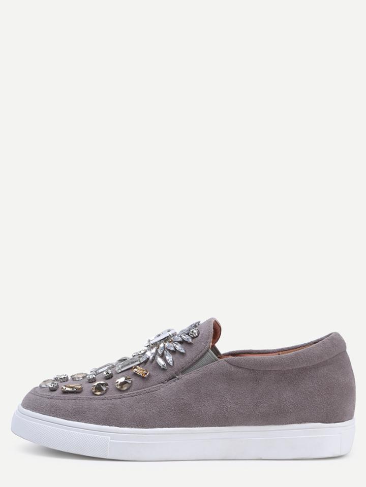 Romwe Grey Faux Suede Elastic Crystal Embellished Flats