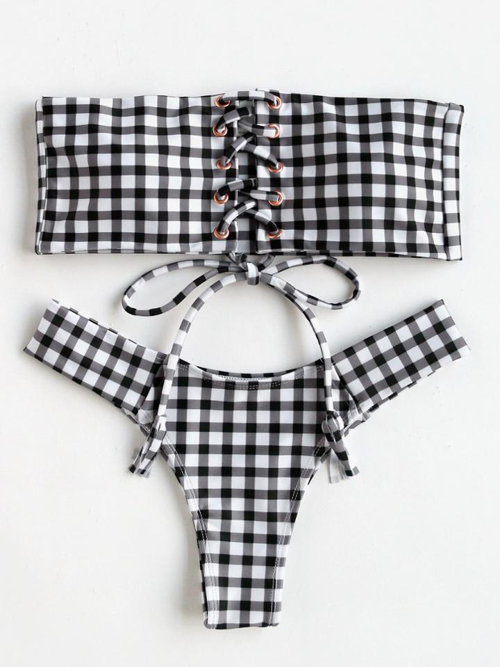 Romwe Lace Up Gingham Print Bandeau Bikini Set
