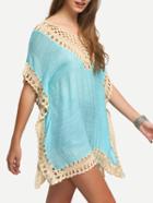 Romwe Blue Crochet Hollow Out Beach Dress