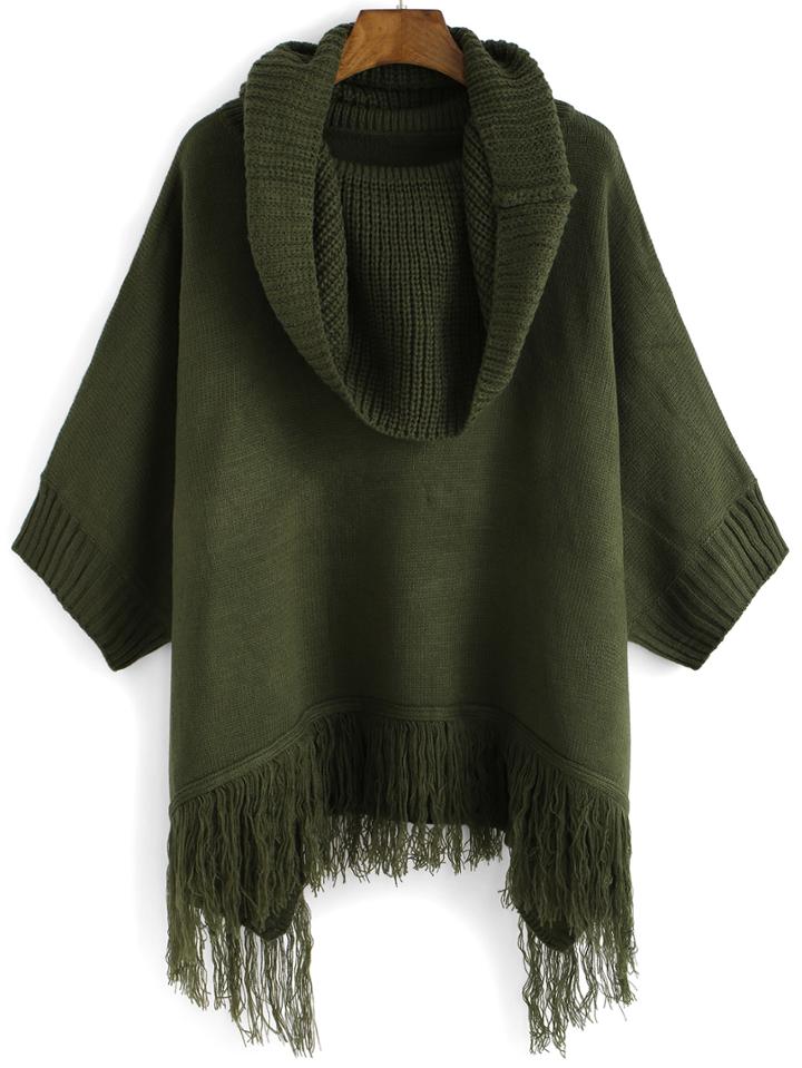 Romwe High Neck Tassel Army Green Sweater