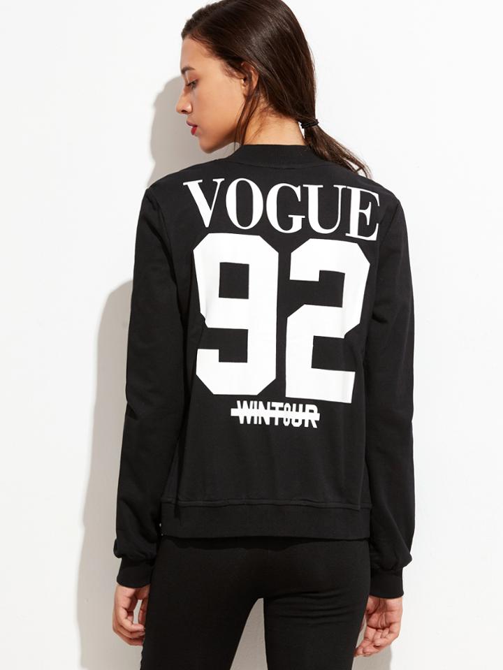 Romwe Black Varsity Print Zipper Front Sports Jacket