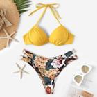 Romwe Ruched Halter Top With Random Floral Bikini