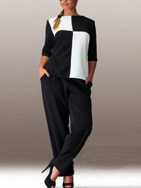 Romwe Contrast Black White Checkered Blouse With Pants