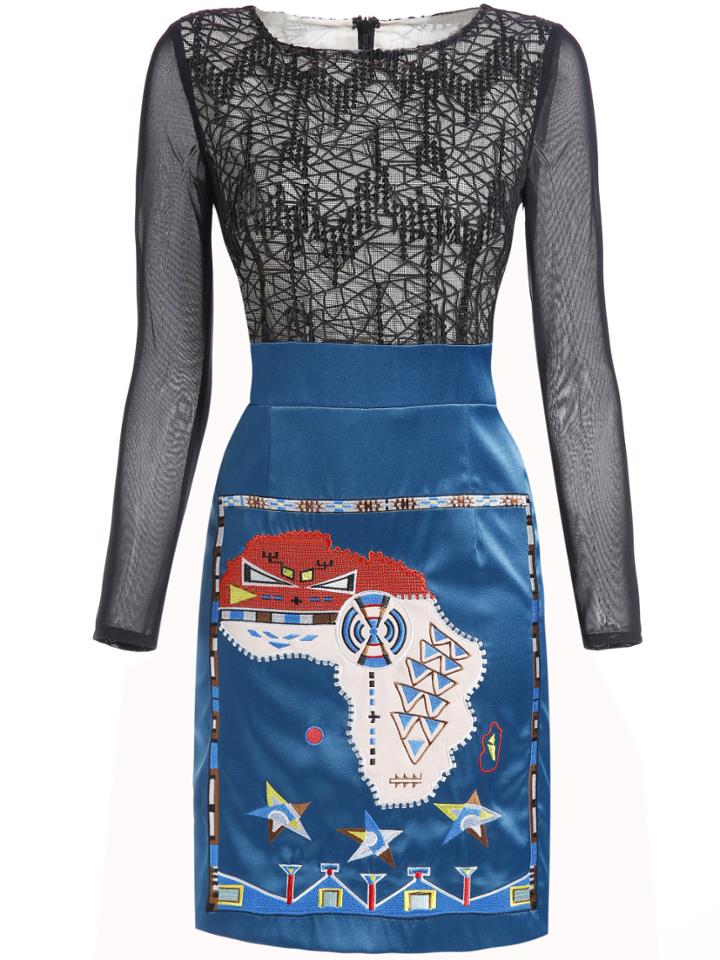 Romwe Blue Round Neck Long Sleeve Contrast Gauze Embroidered Dress