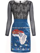 Romwe Blue Round Neck Long Sleeve Contrast Gauze Embroidered Dress
