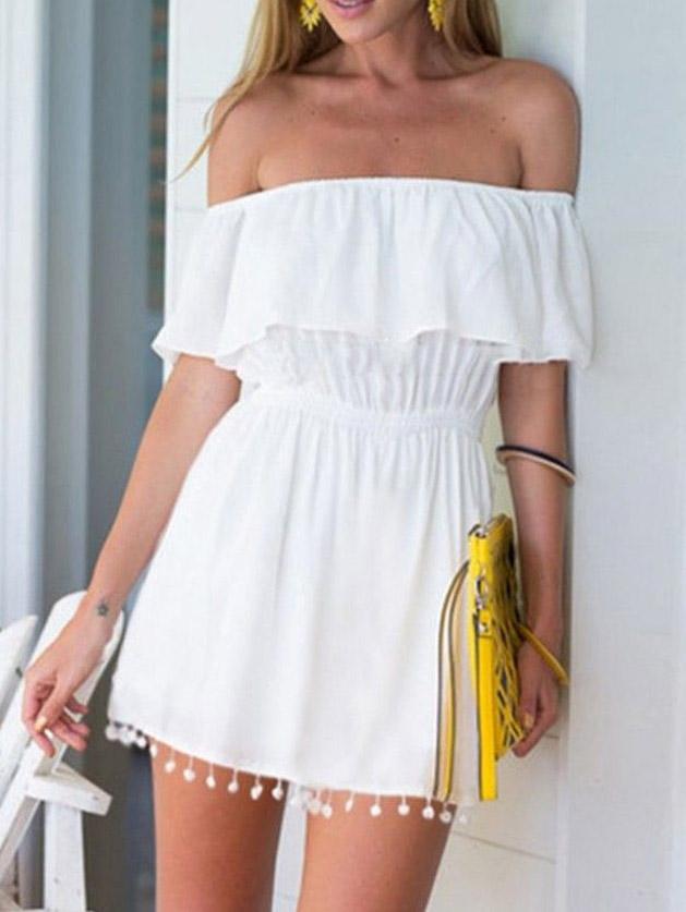 Romwe White Off The Shoulder Pom Pom Romper