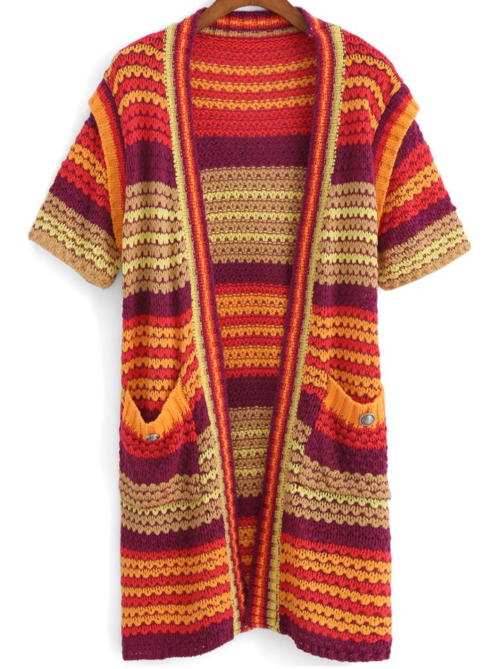 Romwe With Pockets Striped Cardigan