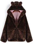 Romwe Women Hooded Loose Cute Brown Coat