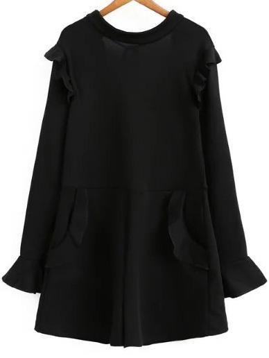 Romwe Black Ruffle Detail Tied V Back Romper