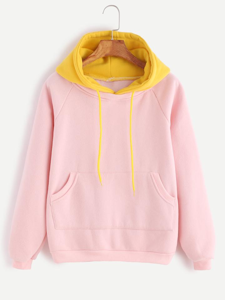 Romwe Pink Raglan Sleeve Pocket Drawstring Sweatshirt With Contrast Hood