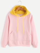 Romwe Pink Raglan Sleeve Pocket Drawstring Sweatshirt With Contrast Hood