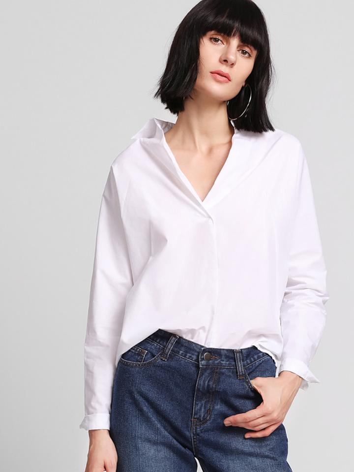 Romwe V Neckline Dip Hem Shirt