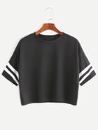 Romwe Black Dropped Shoulder Seam Varsity Striped Crop T-shirt