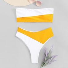 Romwe Two Tone Bandeau With High Leg Bikini Set
