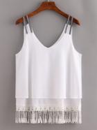 Romwe White Fringe Trim Double Strap Cami Top