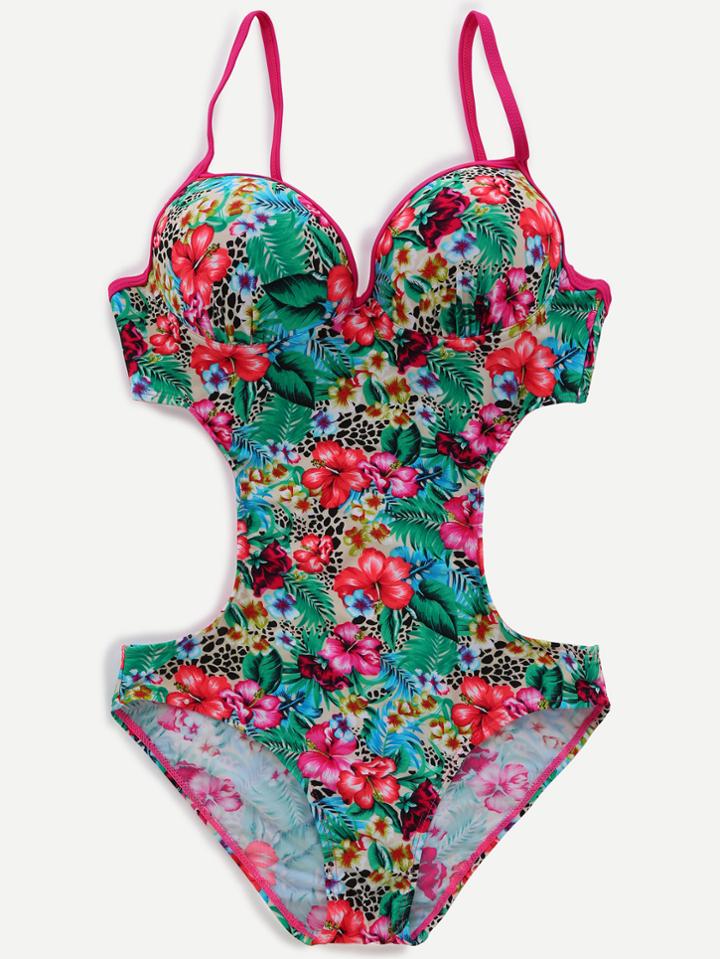 Romwe Green Tropical Print Push Up Cutout One Piece Swimwear