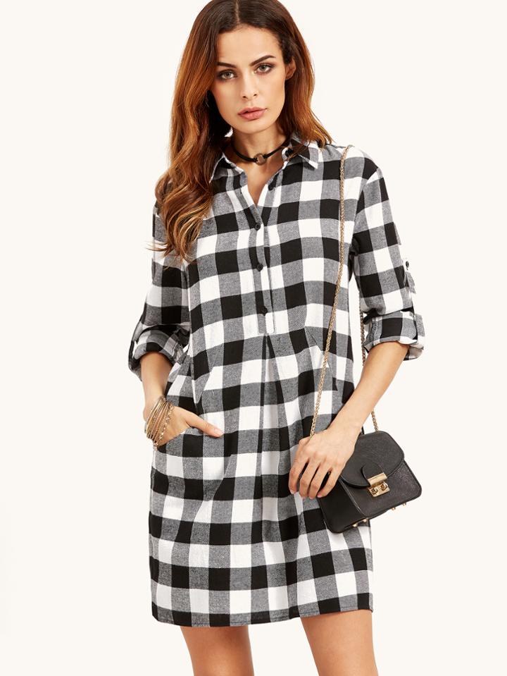Romwe Black And White Checkered Roll Tab Sleeve Shirt Dress