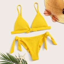 Romwe Rib-knit Triangle Top With Tie Side Bikini Set