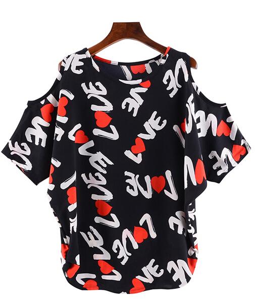 Romwe Open Shoulder Letter Print Black Top