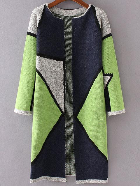 Romwe Green Color Block Collarless Long Cardigan