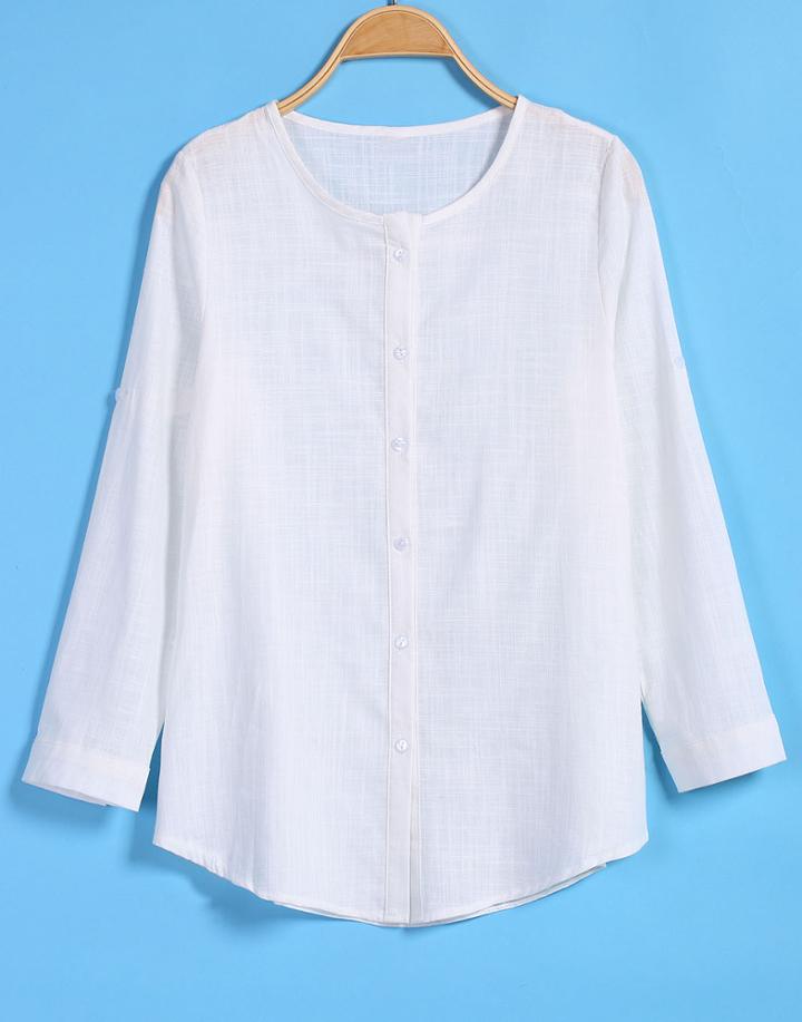 Romwe Round Neck Buttons Loose White Blouse