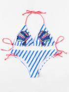 Romwe Self Tie Striped Bikini Set