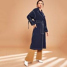 Romwe Notch Collar Contrast Stitch Self Belted Coat