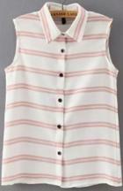 Romwe Lapel With Buttons Striped Pink Tank Top